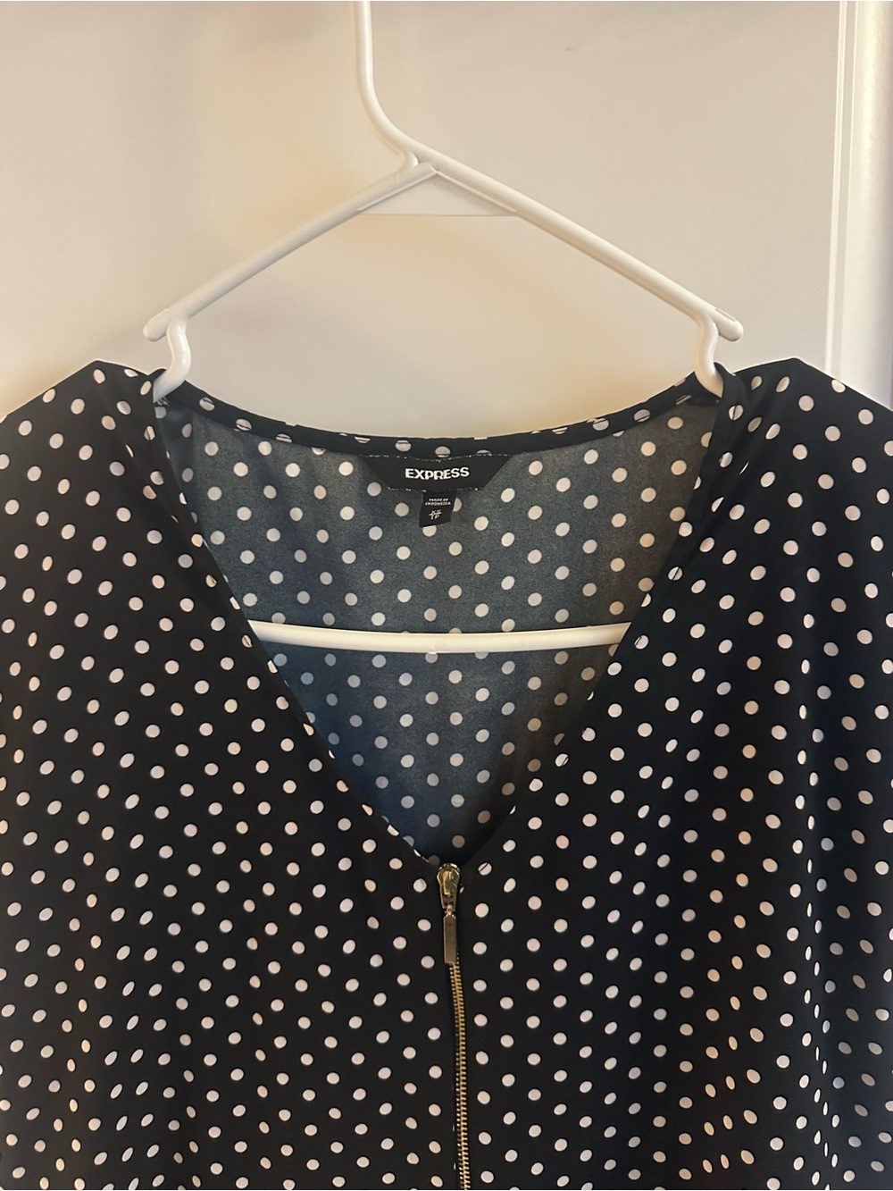 Express Black Polka Dot Zip-Front Top - Picture 8 of 16